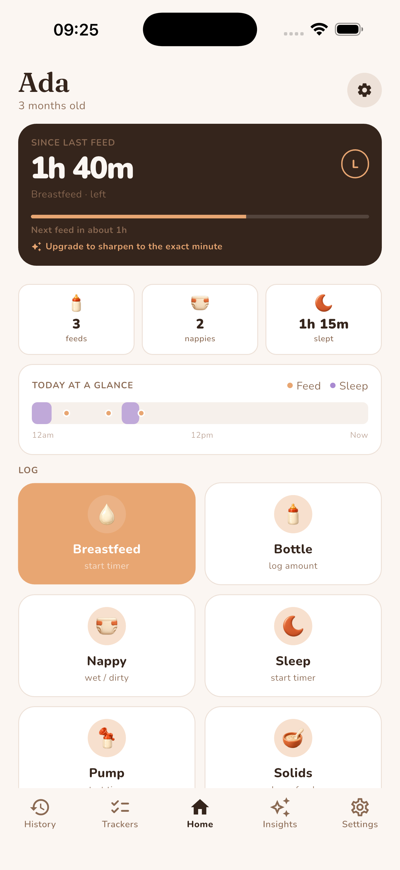 Rosa home screen showing time since last feed and quick-log buttons for breastfeed, bottle, nappy, sleep, pump and solids