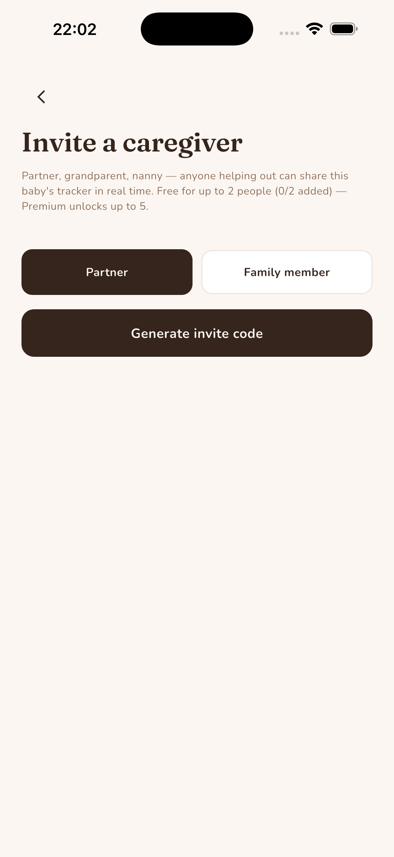 Rosa invite screen for adding a partner, grandparent or nanny to share a baby's tracker in real time